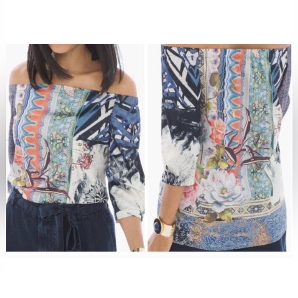 Chico's Floral Botanical Scarf Inspired Off The Shoulder Top XL 3/4 Sleeve Sz 2